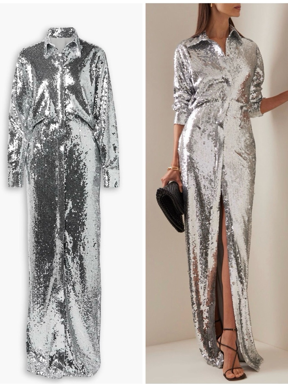 Brandon Maxwell Sequin Long Sleeve Shirtdress Gown Silver Maxi Dress